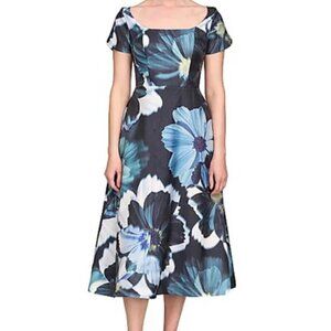 Kay Unger Blue Teal Emma Floral Cap Sleeve Cocktail Midi Dress